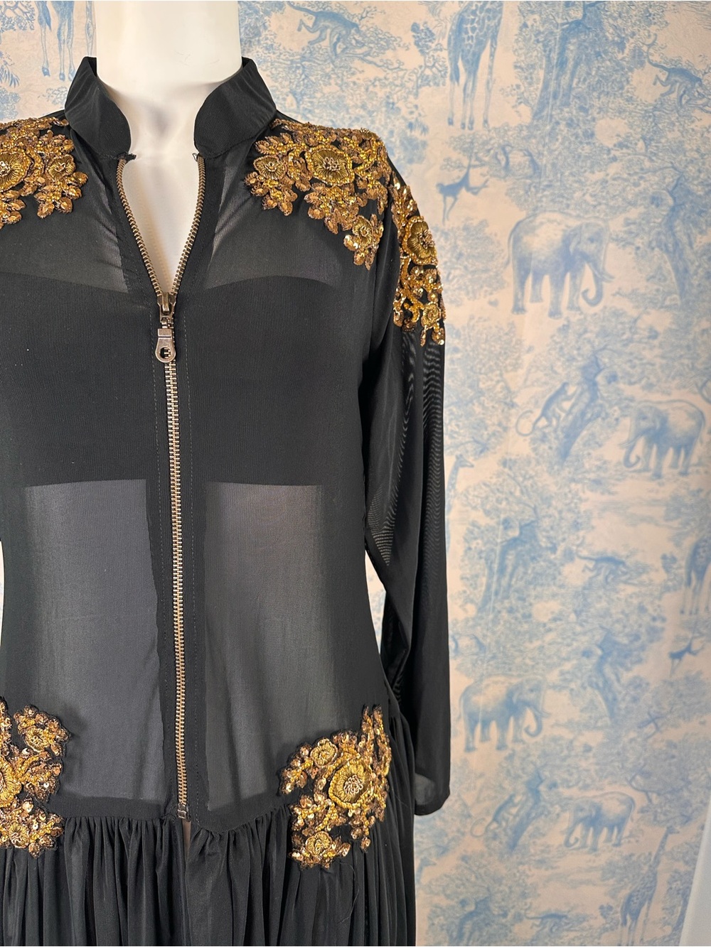 Vintage Black Mesh Zip-Front Maxi duster with Gold Appliqué - Picture 3 of 5
